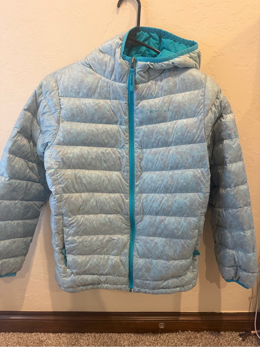 Marmot Unisex Kids Hood Full Zip Down Puffer Jacket Light Blue/Teal XL 700 Fill